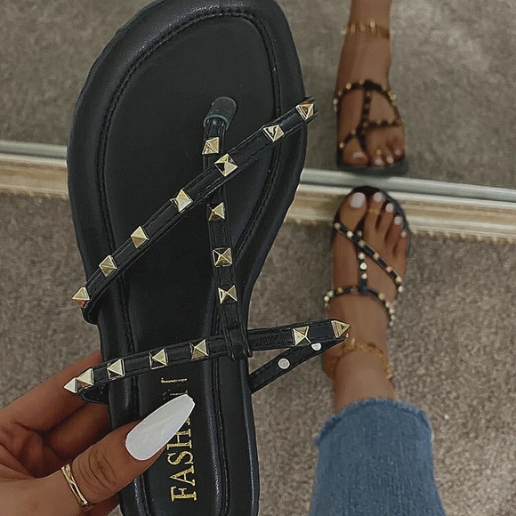 Black and Gold Spiked Studded Sandals - Picture 2 of 2